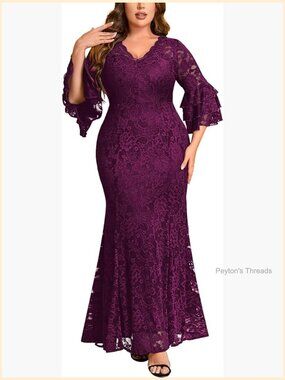 Women's Plum Lace V-Neck Mermaid Dress